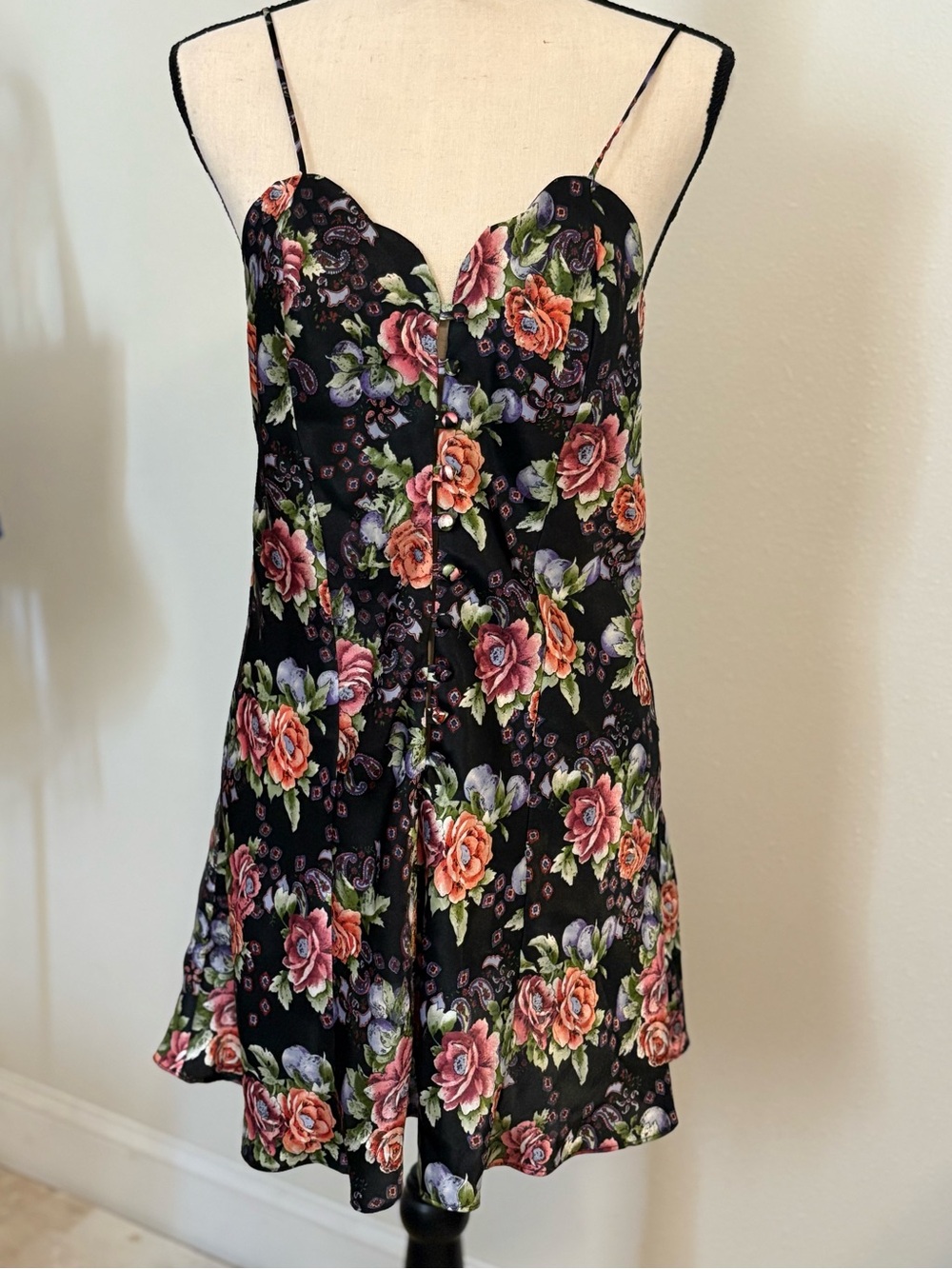 Vintage victoria's Secret Floral Slip - Black with Pink, Orange & Purple Blooms